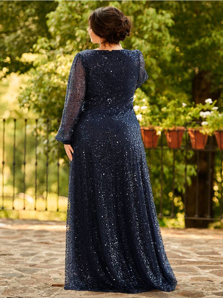 Ever-Pretty – Vestido comprido - Mulher por atacado – Plus Vestido elegante de chiffon de cintura com decote em V de manga comprida21