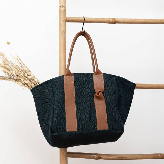 Fossette – Großhandel Tragetasche – Damen – Tragetasche - schwarzer Hanf, Fichte, Kamelleder