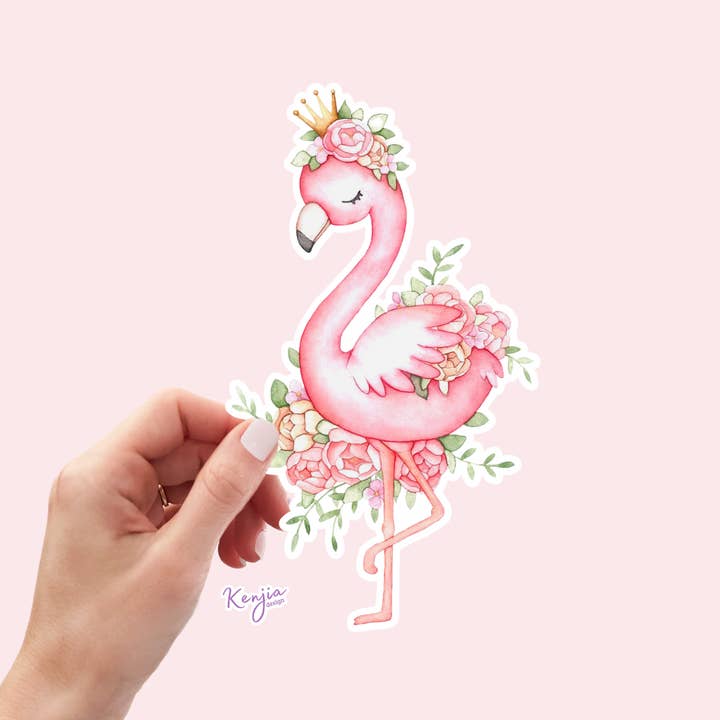 Jolis autocollants en forme de flamant rose à l'aquarelle, imperméables pour la vente par Kenjia Design