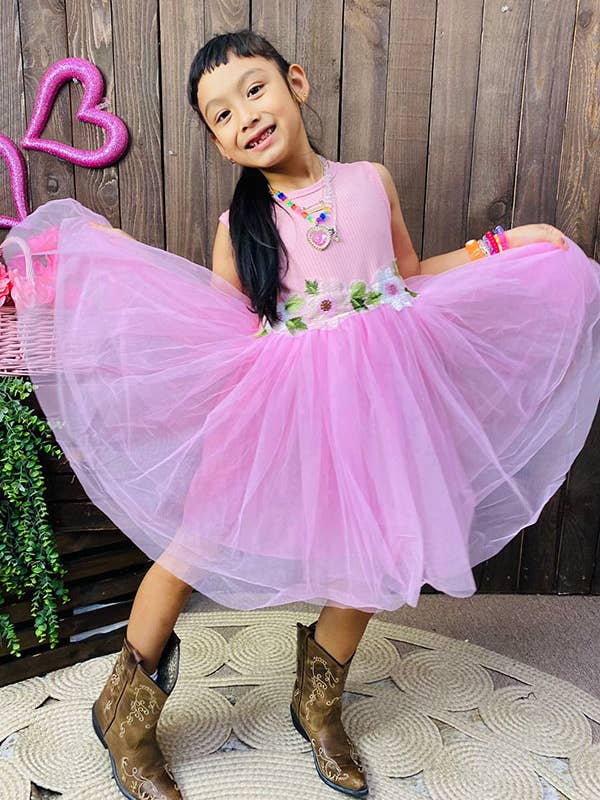 Pink knitted top tulle girls dress with/floral embroidery for wholesale by luluclothes