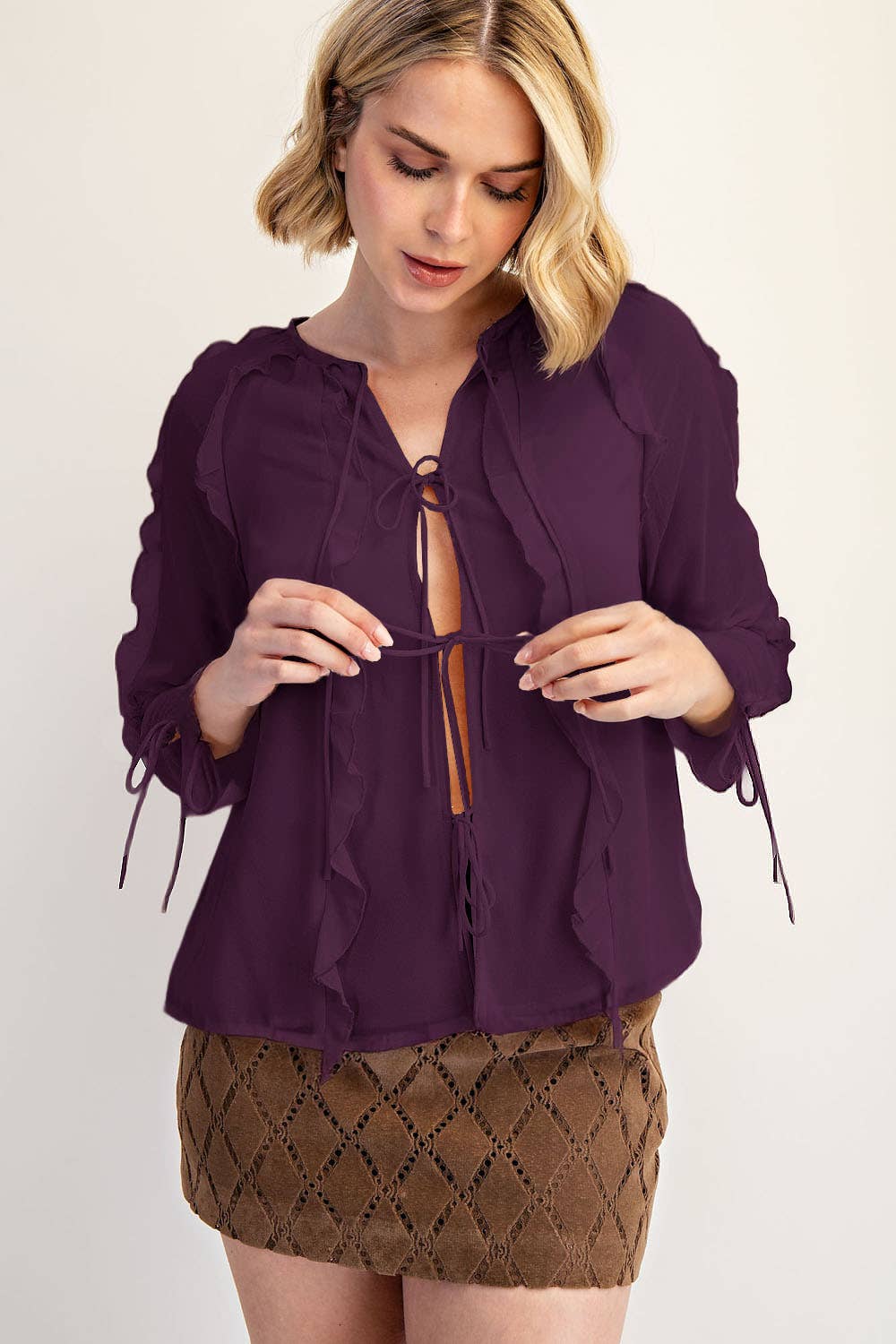 Edit by Nine - Wholesale Blouse - Women's - Ruffled Chiffon Blouse with Tied Front Detail5