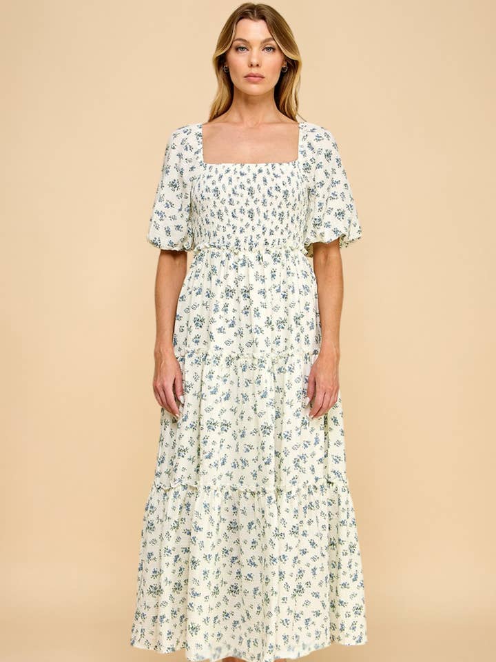 Hattie Blue Floral Puff Sleeve Square Neck Tiered Midi Dress for wholesale by Million Colors