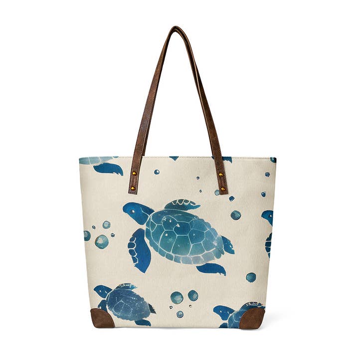 Sac fourre-tout côtier en toile avec tortues de mer pour la vente par ANNGOTI
