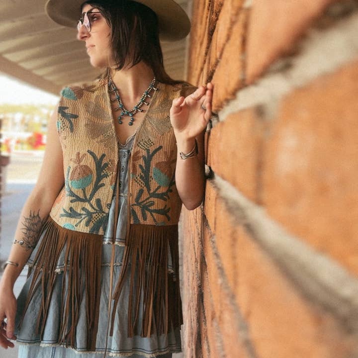 Wylder Trading Company - Wholesale Outerwear Vest - Women's - Boho Western Artisan Fringe Vests | Kantha Suzani Textile30
