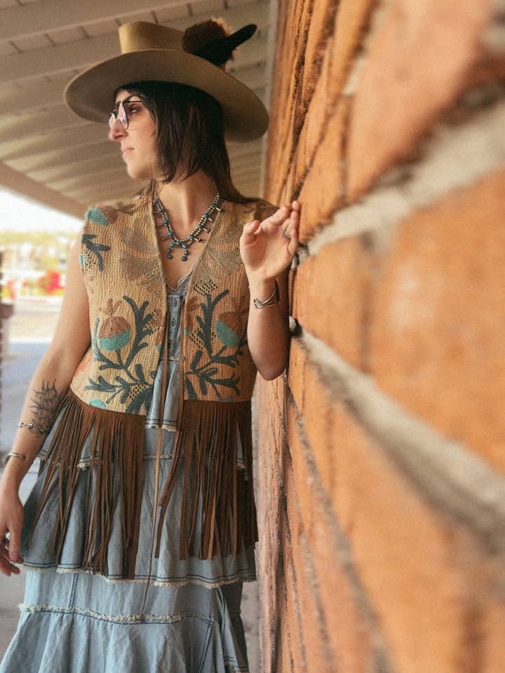 Wylder Trading Company - Wholesale Outerwear Vest - Women's - Boho Western Fringe Cowgirl Hippie Vest Leather Kantha23