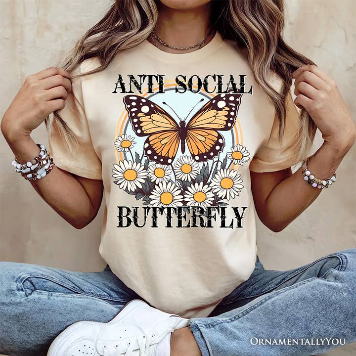 OrnamentallyYou - Wholesale Screen Printed T-Shirt - Unisex - Anti Social Butterfly T-Shirt, Retro White and Natural Tee