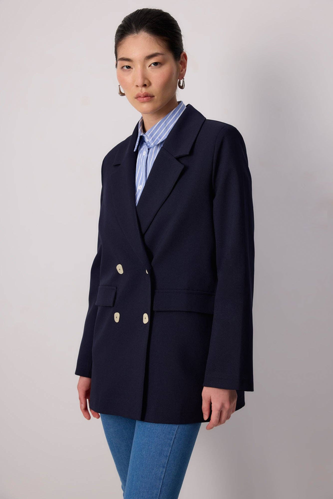 Navy Blue SHELL BUTTONED BLAZER JACKET for wholesale on Faire2