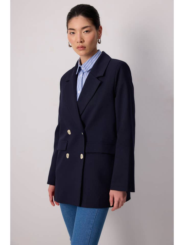 Navy Blue SHELL BUTTONED BLAZER JACKET for wholesale on Faire2