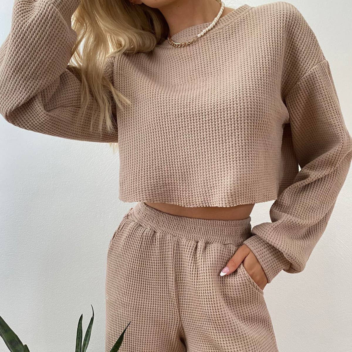 HIDDENBRAND - Wholesale Lounge Set - Women's - Waffle crop long sleeve top wide leg pant two piece set12