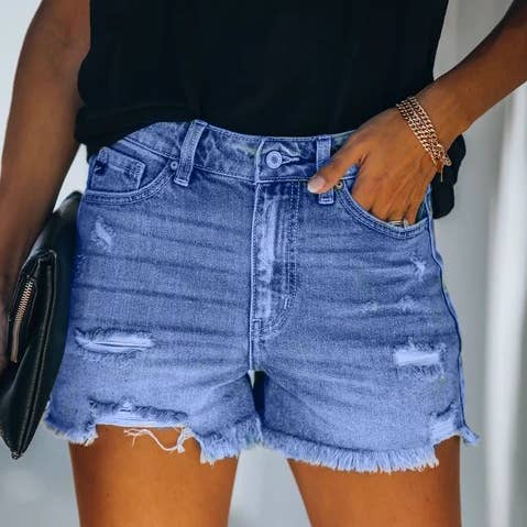 Lovesoft - Wholesale Shorts - Women's - High-Waisted Ripped Stretch Denim Shorts for Summer