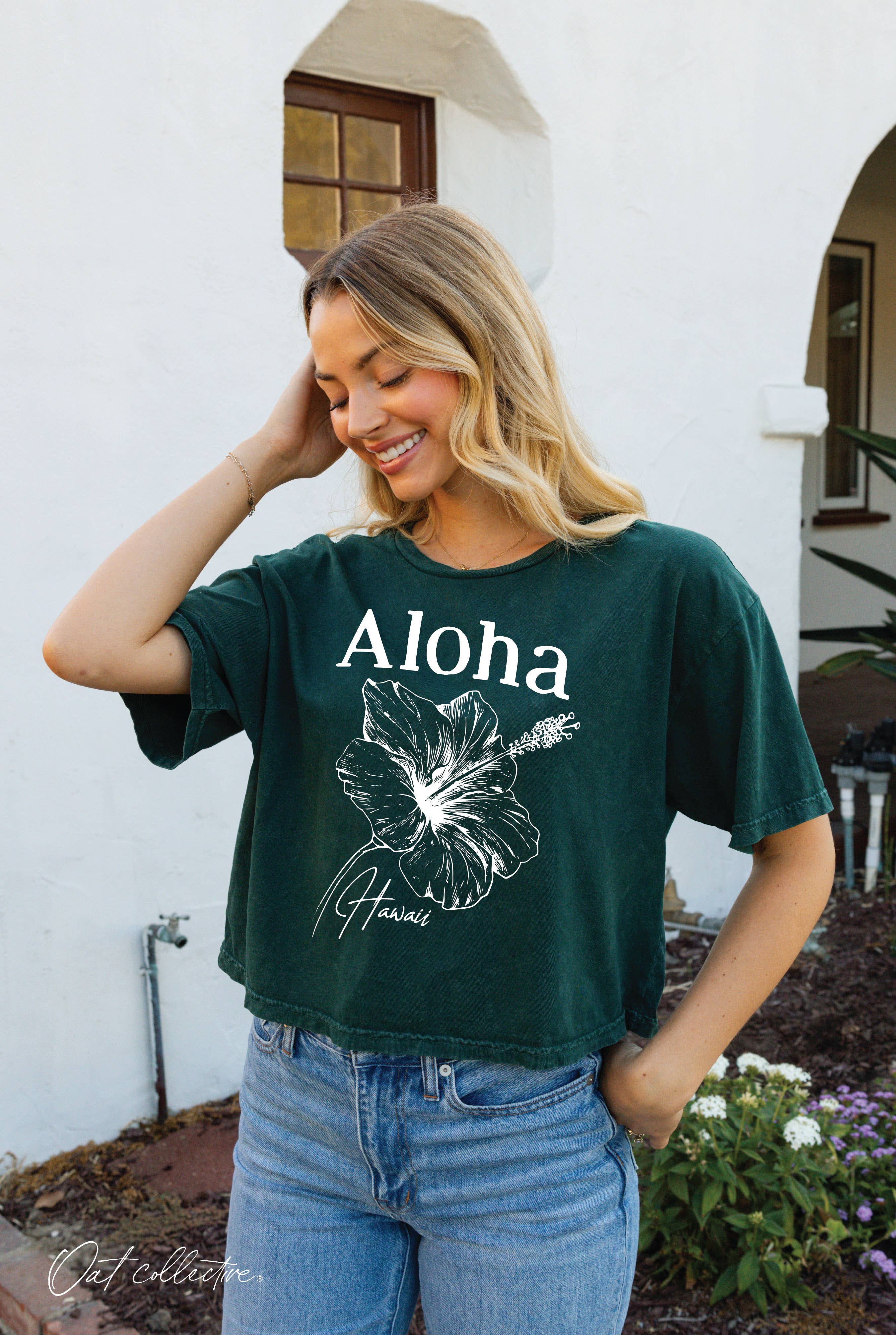OAT COLLECTIVE - Wholesale Screen Printed T-Shirt - Women's - ALOHA HAWAII Cropped Mineral Washed Graphic Top
3
