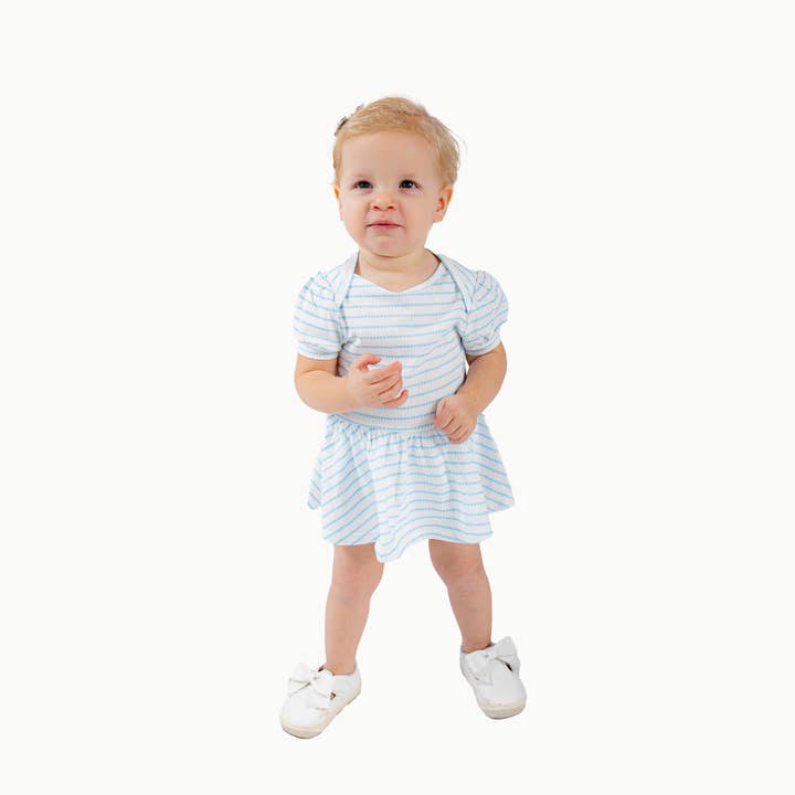 Puff Sleeve Onesie in Blue Heart Stripe for wholesale by Nella June