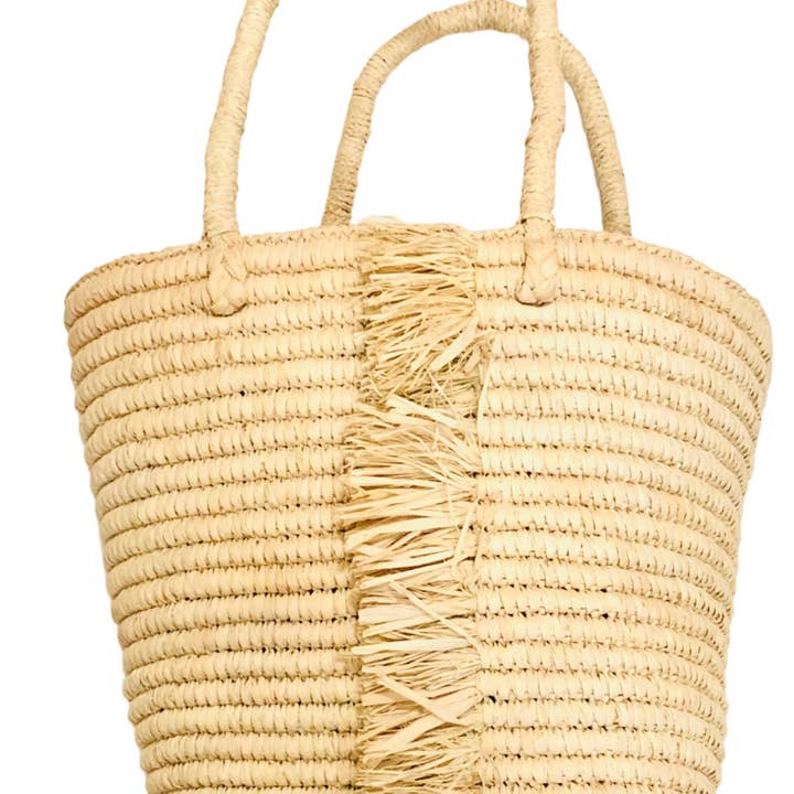 Shebobo - Wholesale Beach Bag - Roxanne Crochet Straw Basket with Raw Fringe Trim
