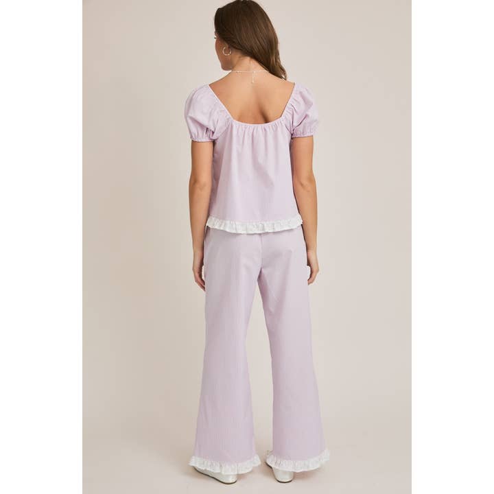 RISCA LAVANDA-BRANCA Top de Pijama com Manga Curta Bufante e Bainha com Folho e Calça de Pijama para venda a revendedores na Faire4