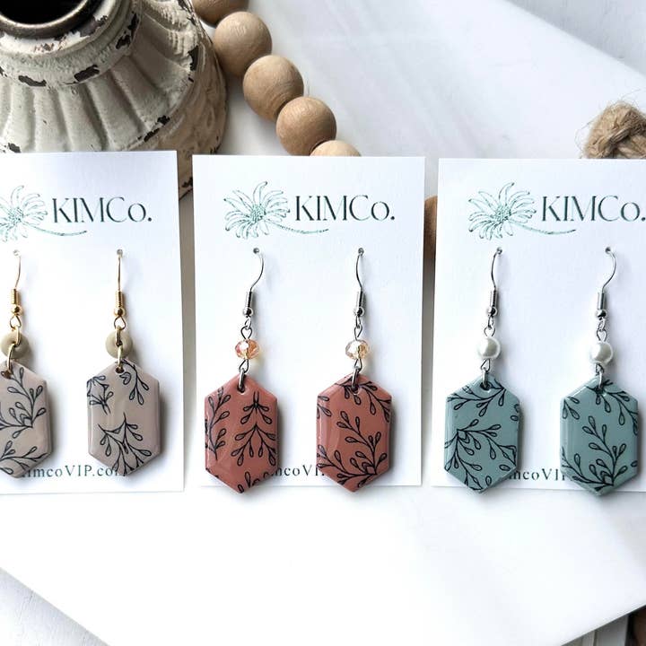 Polymer Clay Earrings - Everyday - Diamond Drop Leaf Print for wholesale by KIMCo.