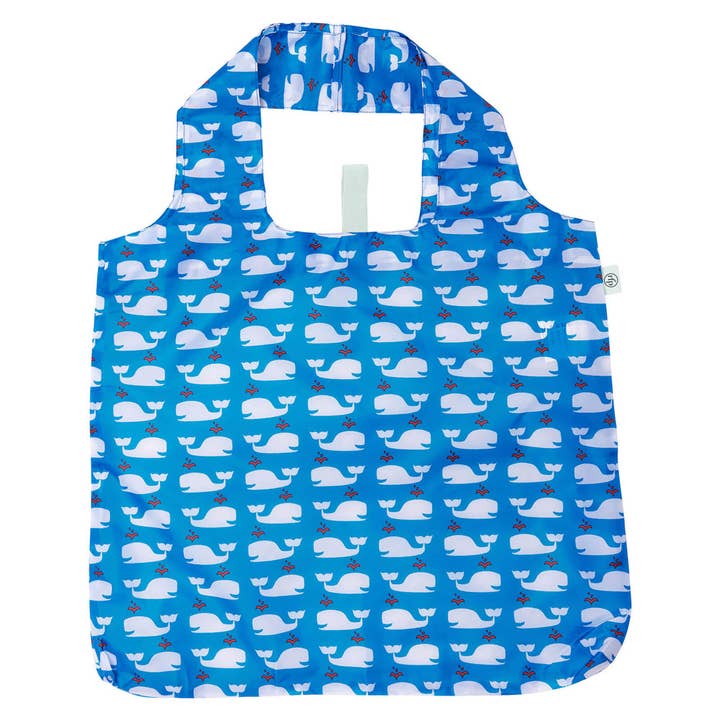 Borsa per la spesa riutilizzabile Whales Blue blu per la vendita all'ingrosso da parte di rockflowerpaper