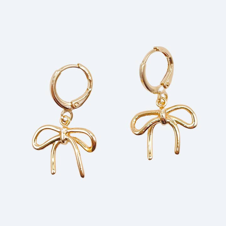 Gold Plated Dainty Bow Earrings on Huggie Hoops for wholesale by London Crafted