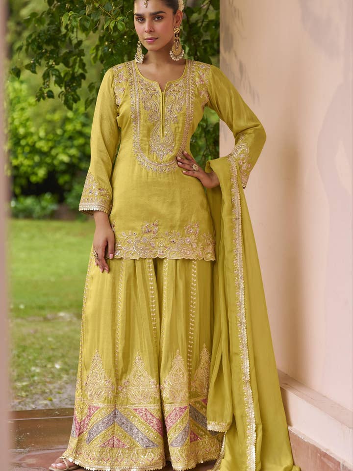 Yellow Chinon Silk Plazo Suit For Indian & Pakistani Wedding Festival - Dori Work, Sequence Embroidery Work for wholesale by HATKE BRIDE
