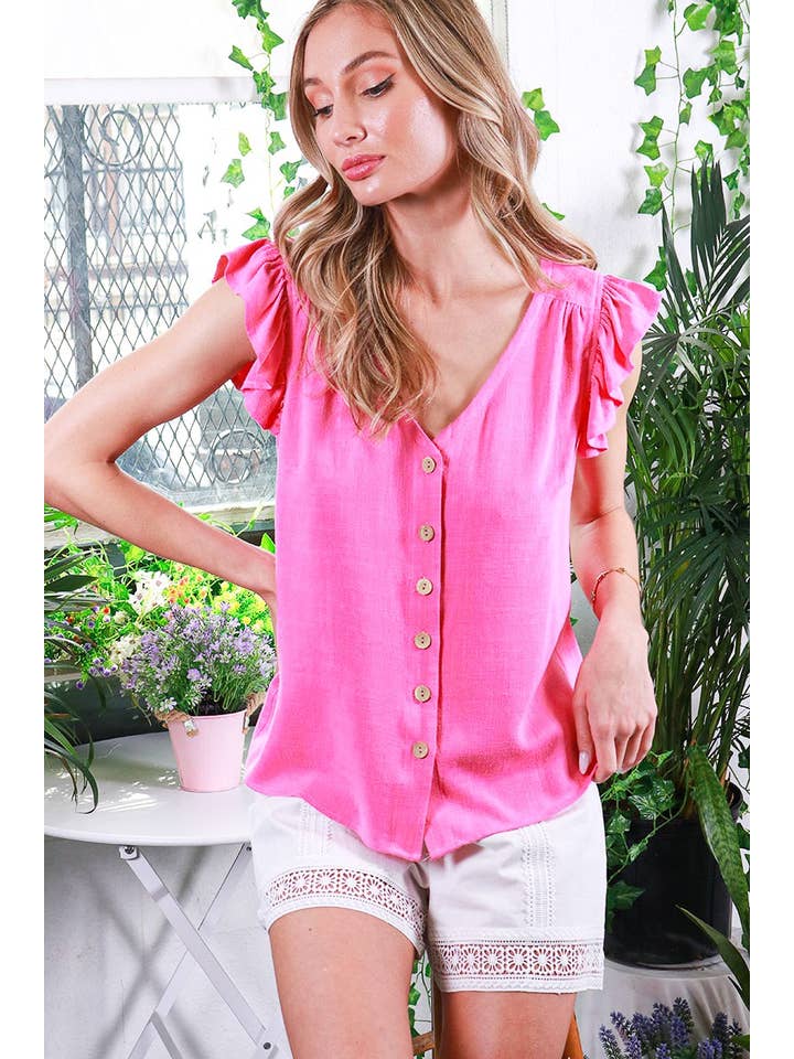 Vine & Love - Wholesale Blouse - Women's - V-Neck Sleeveless Ruffled Cotton Linen Top VT8168815