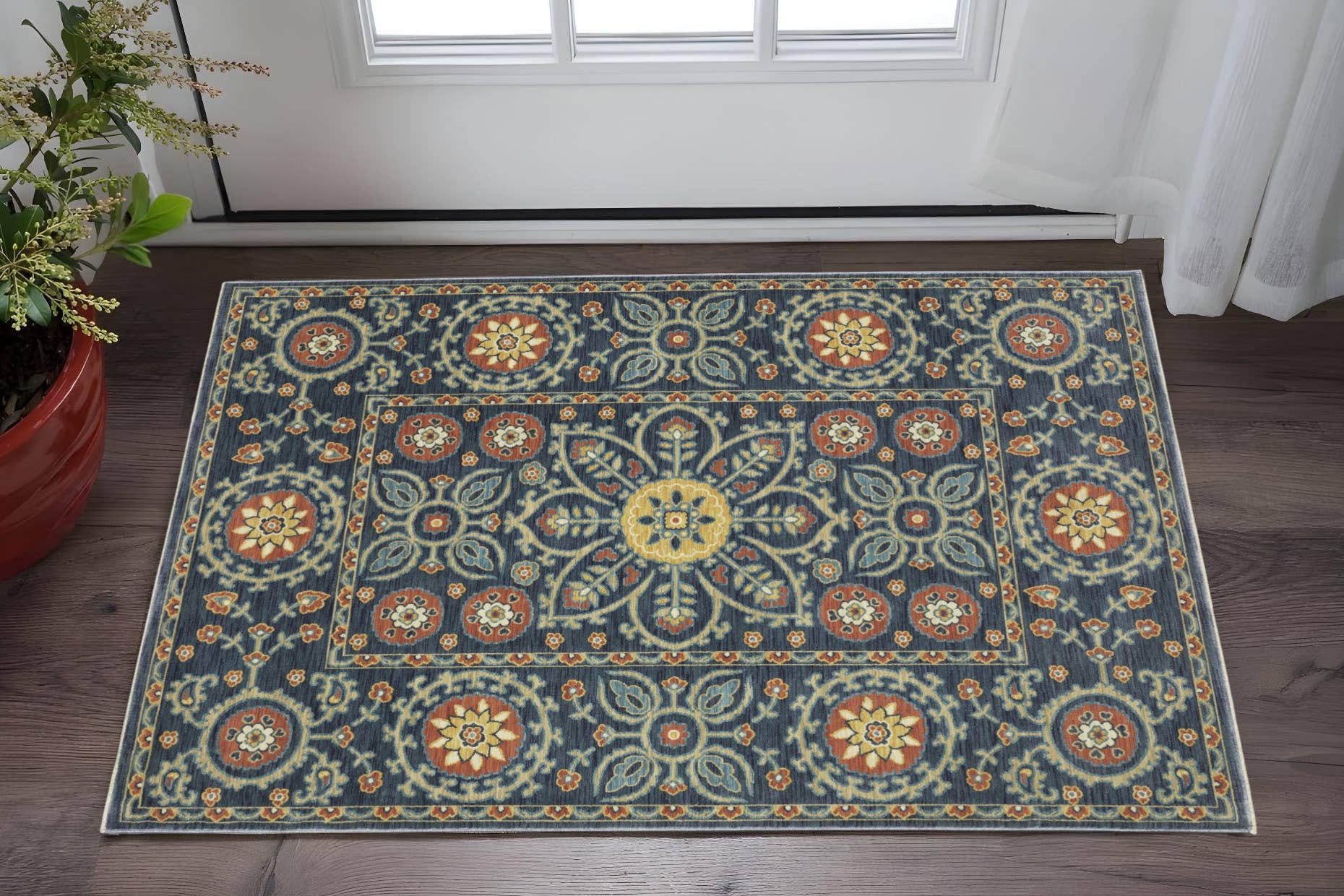 HomeRoots - Wholesale Area Rug - 2' X 3' Blue And Rust Medallion Area Rug With Fringe1
