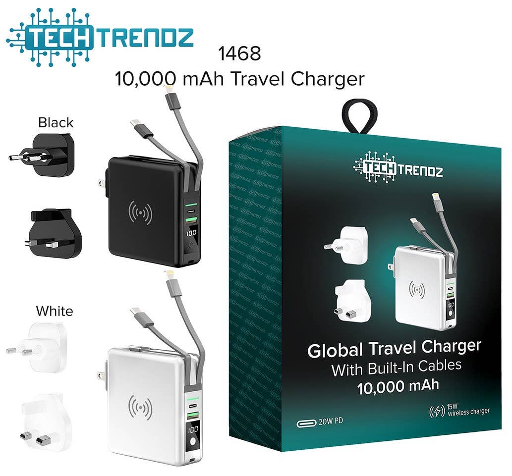 Tech Trendz - Wholesale Portable Charger - Global Travel Charger w/Built In Cables1