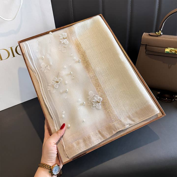 PEACH ACCESSORIES – wholesale Scarf – Women's – Silk Scarf with Embroidered Bows & Pearls1