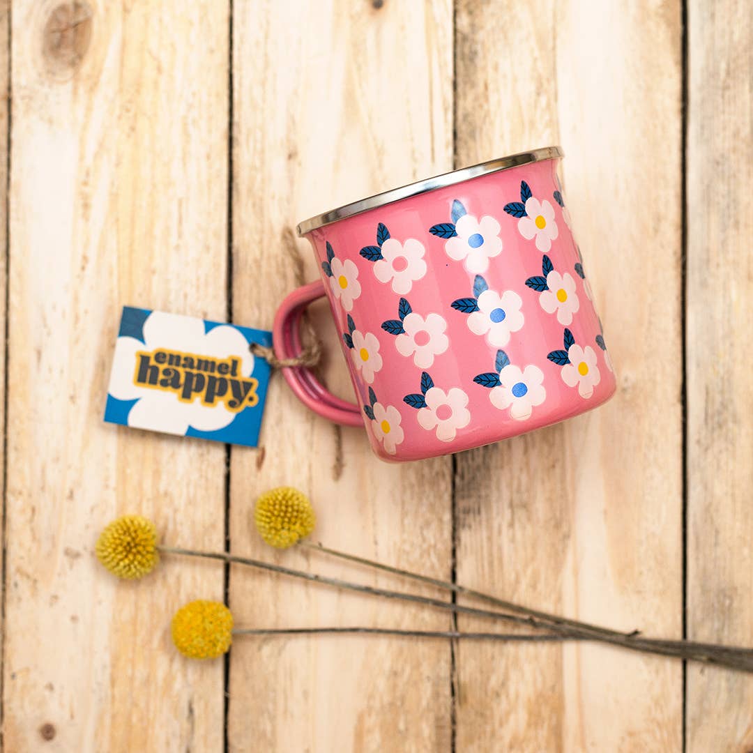 PINK ENAMEL RETRO FLORAL PRINT MUG Rose Mothers Gift Cute for wholesale by Enamelhappy
