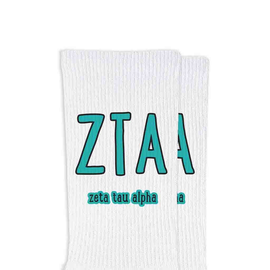 White Sorority Crew Socks with Name and Letters in Sorority Colors for wholesale on Faire24