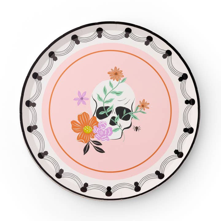 FLORAL HALLOWEEN SKULLS & SPIDERS DESSERT PLATES for wholesale by Bonjour Fête