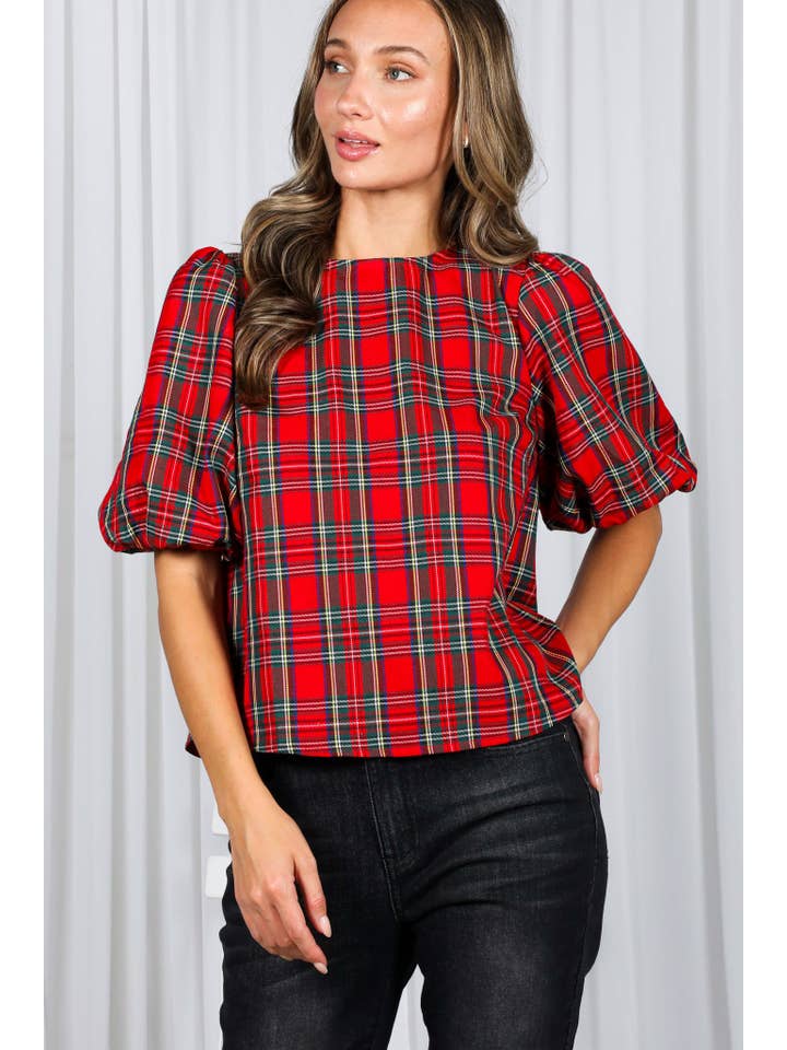 Vine & Love - Wholesale Blouse - Women's - V-Back 2 Bow Accent Feminine Plaid Blouse Top VT82621A12