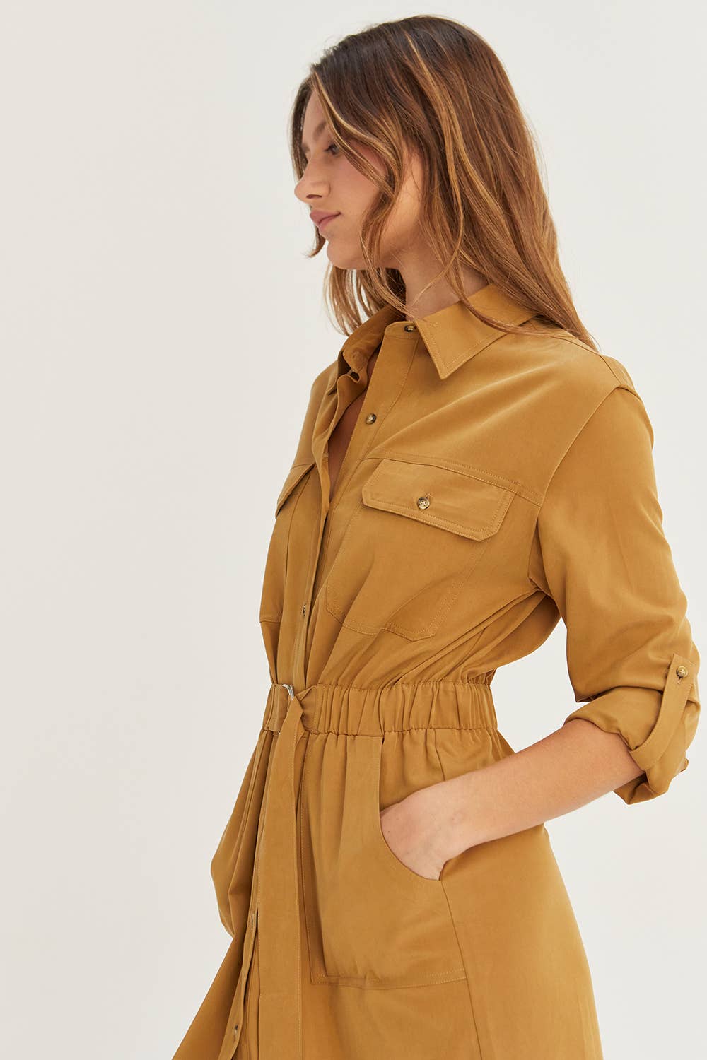 TAN CD8031 - Kayla Button Up Utility Midi Dress for wholesale on Faire7