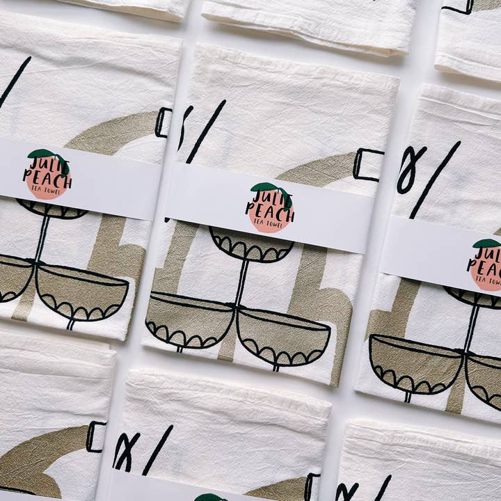Julie Peach - Wholesale Tea Towel - Glitter Champagne Tower on White Tea Towel - 100% Cotton