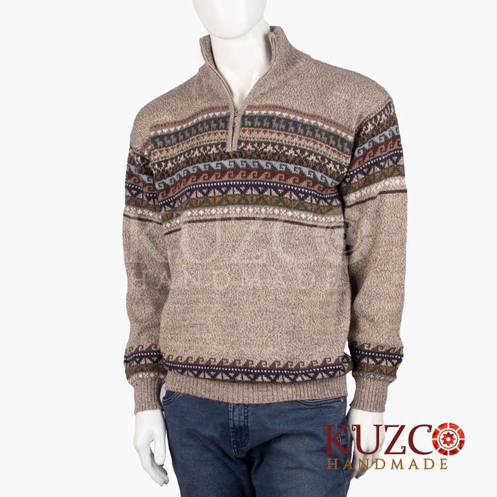 KuzcoHandmade - Wholesale Cardigan - Men's - Men's Hand Knitted Alpaca Wool Zip Neck Cardigan Sweater