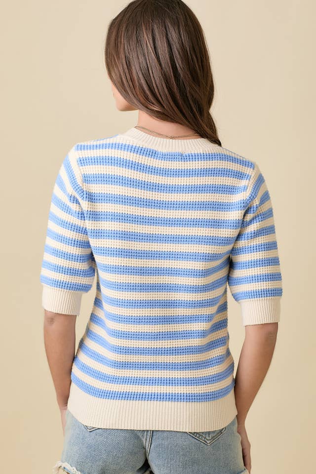 Main Strip - Wholesale Knit Sweater - Women's - Short Sleeve Sweater Knit Stripe Top