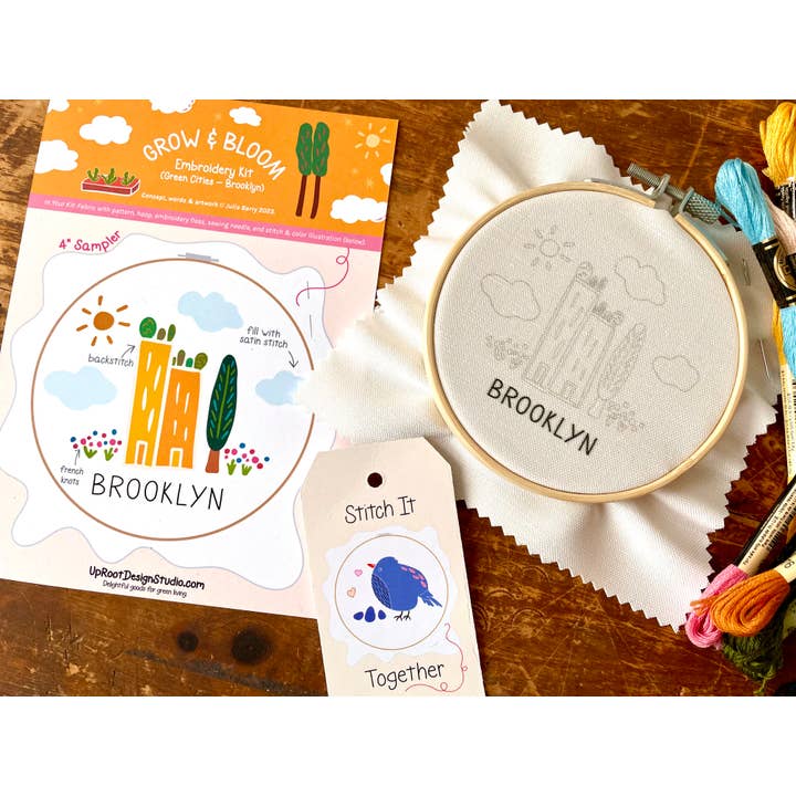 UpRoot Design Studio - Venta al por mayor Material para bordado/punto de cruz - Kit de bordado ecológico «Brooklyn-Green Cities» (Joyful Threads)4