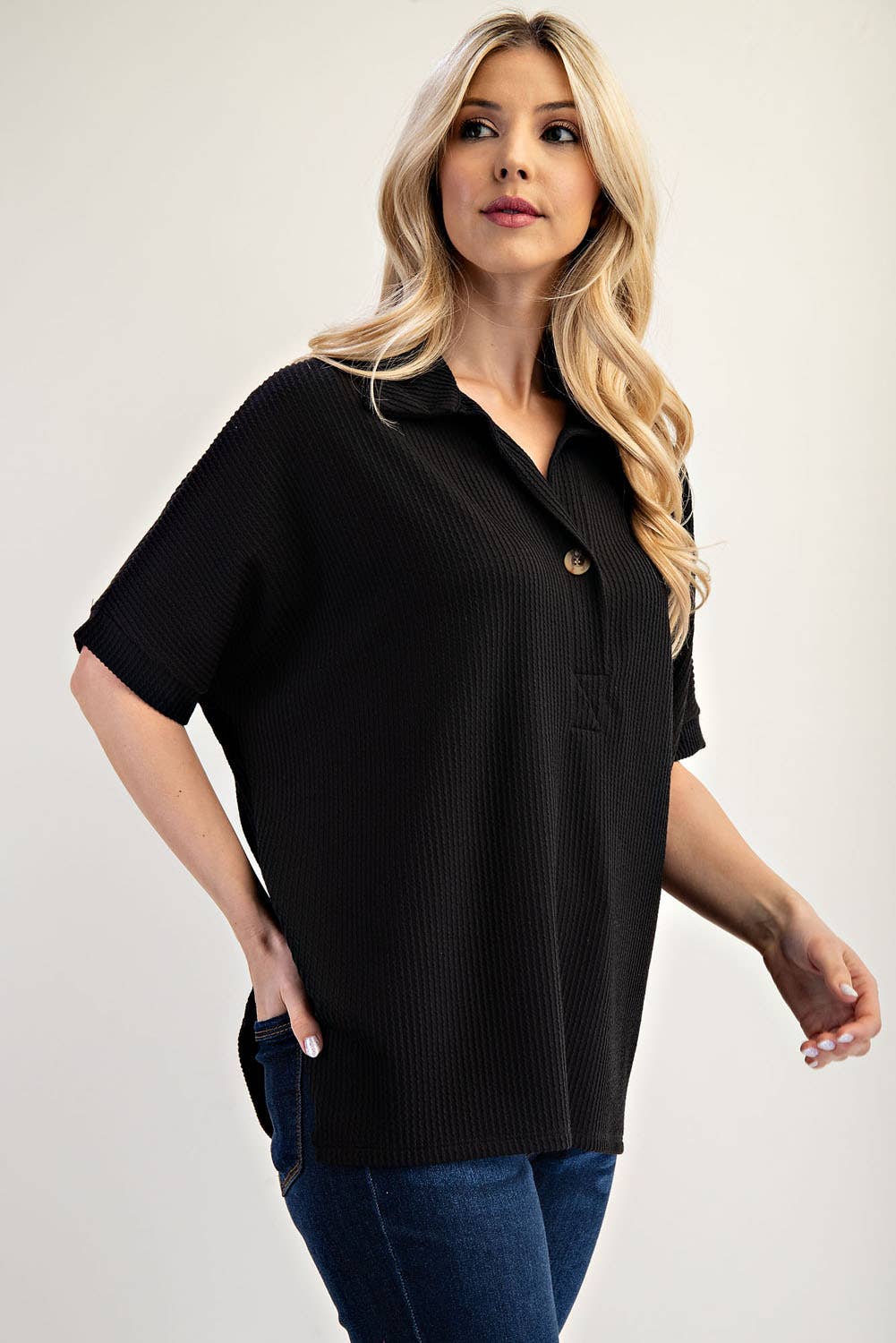 Celeste Clothing - Wholesale Knit Top - Women's - PLUS SIZE RIB KNIT COLLARED TOP WITH SHORT SLEEVES -CT2391337