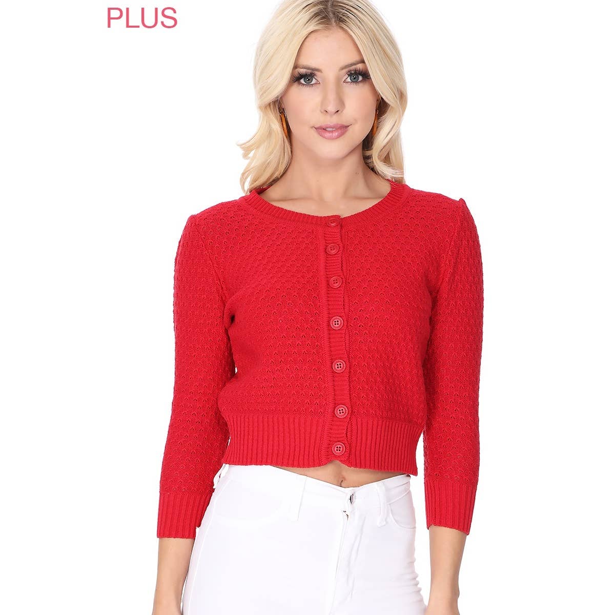 Mak - Vendita all'ingrosso Cardigan - Donna - Maglione cardigan plus size lavorato a maglia girocollo con maniche a 3/4 MK3514PL66