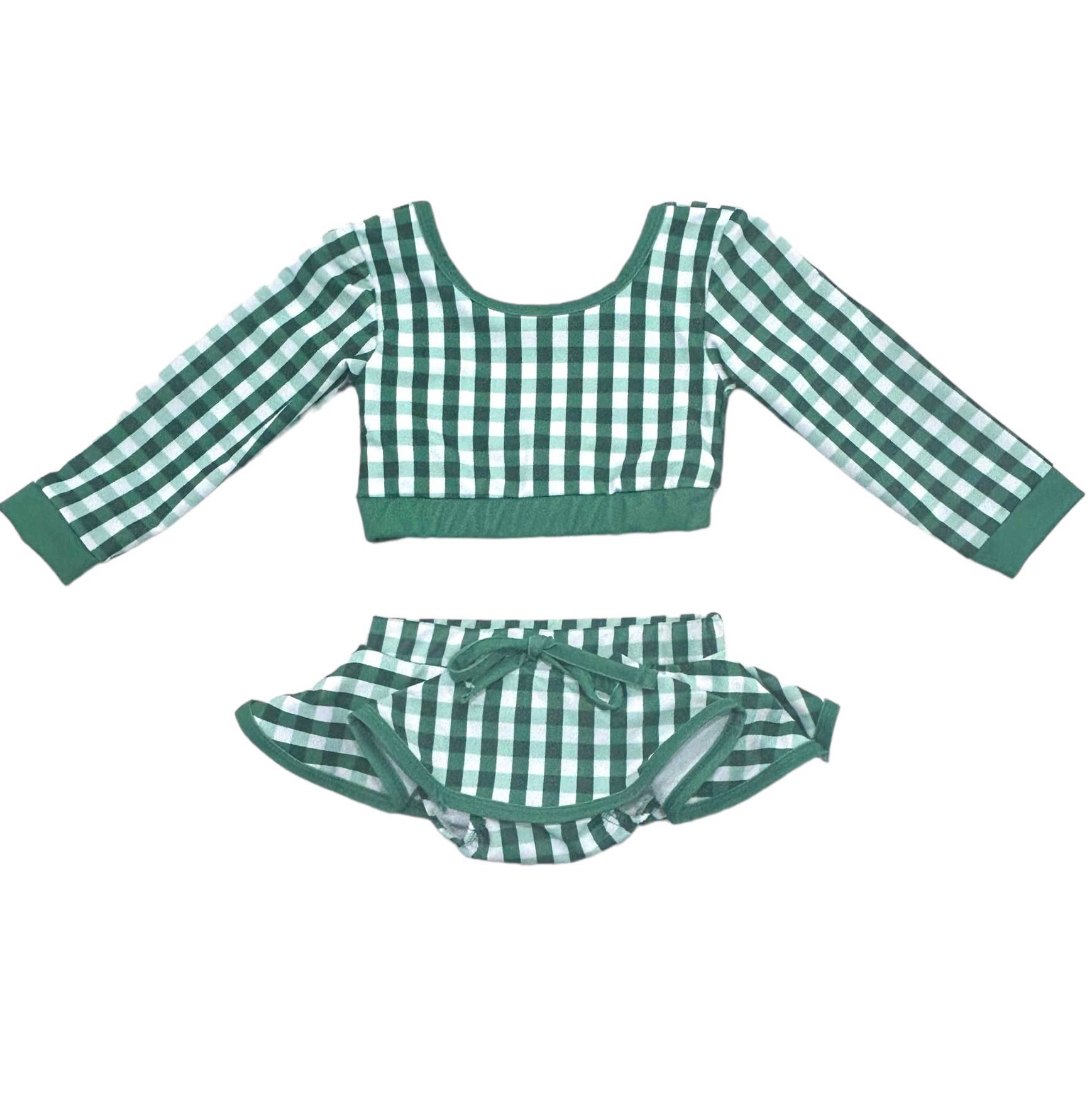 Sugar Bee Clothing – wholesale Two-piece swimsuit – Kids – Girls Swimsuit - Skirt Bikini -Green Gingham8
