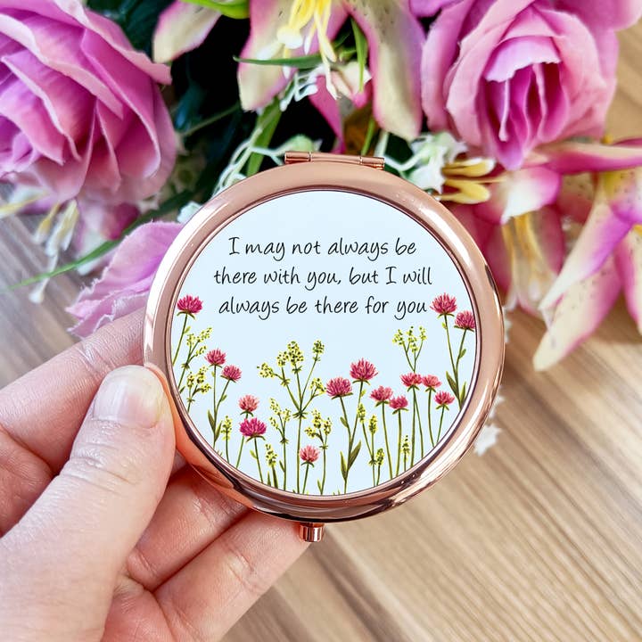 Floral Friendship Pocket Mirror. Pink Flowers Rose Gold Comp for wholesale by Laura Stanley Designs