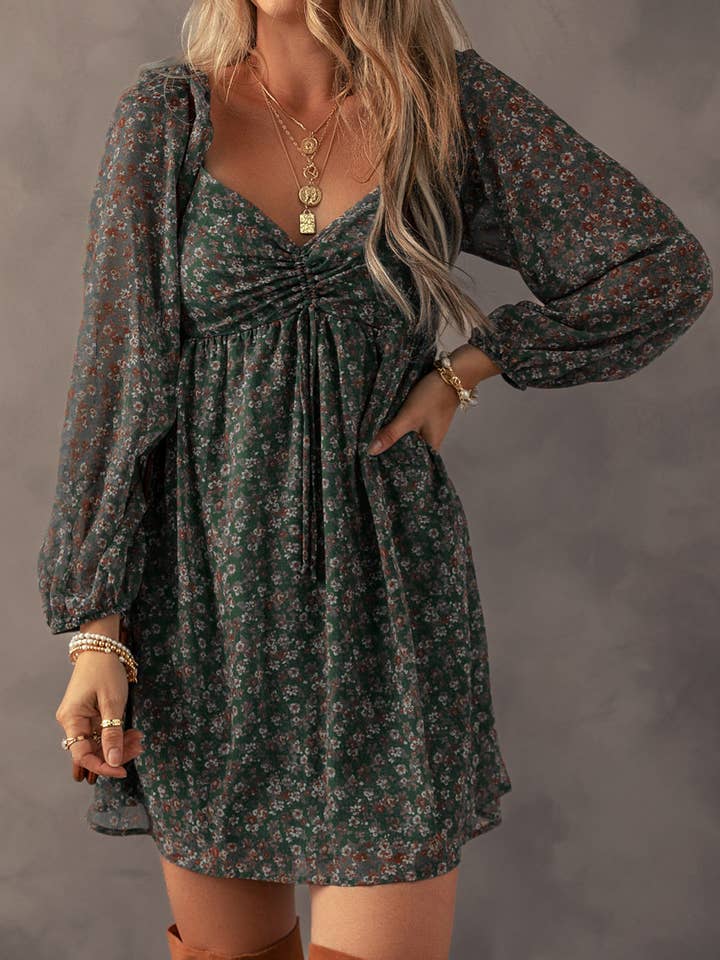 Lovesoft - Wholesale Dress - Women's - Green Floral Print Sweetheart Neck Shirred Back Mini Dress2