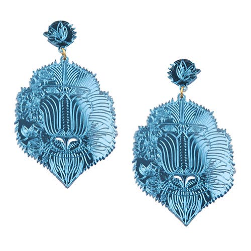 MANDRILL EARRINGS / BLUE METALLIC ACRYLIC for wholesale by Rijkje Jewelry
