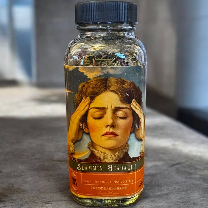 Montana Farmacy - Wholesale Loose tea - Slammin' Headache Loose Leaf Tea glass jar supports head pai1
