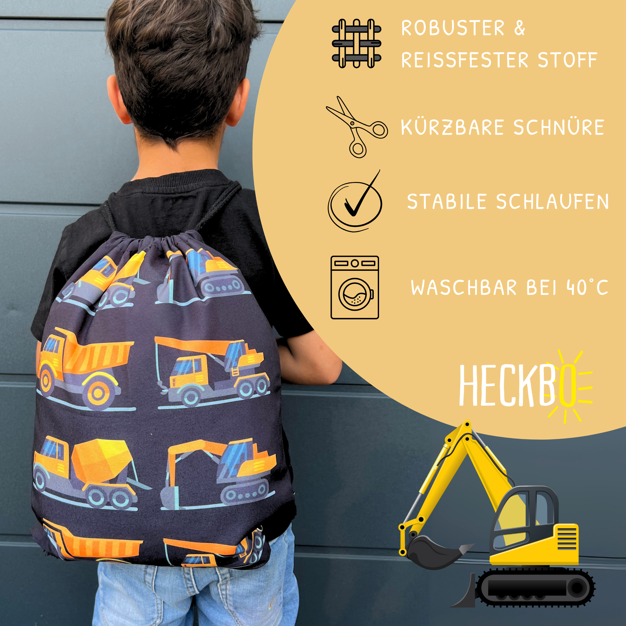 HECKBO - Wholesale Drawstring Bag - Kids - Gym bag construction vehicles black 81
