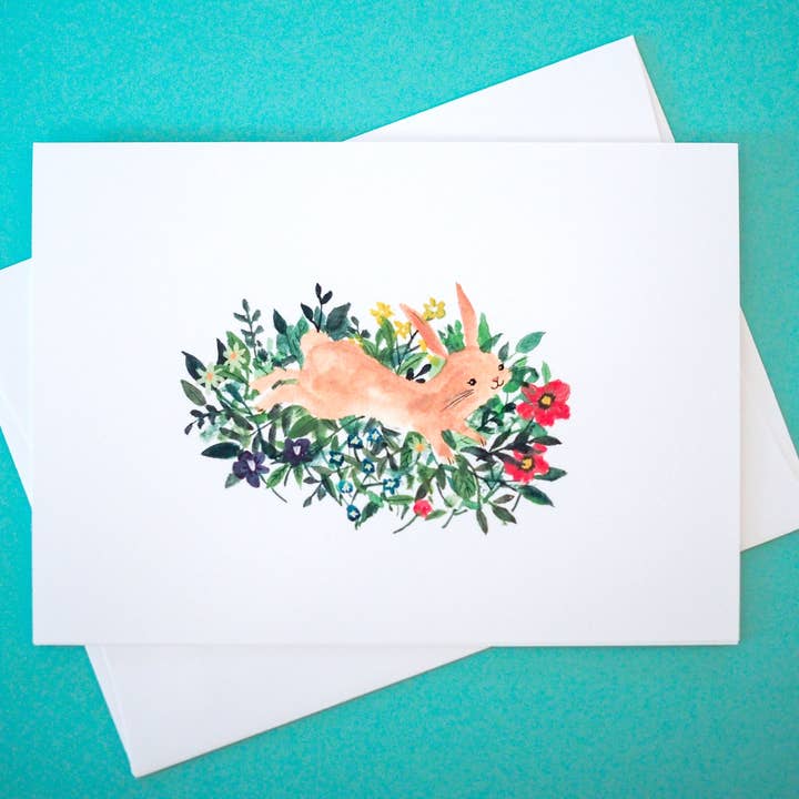 Konijn Springt in Bloemen Kaart voor wholesale door Rocket Boogie Co.