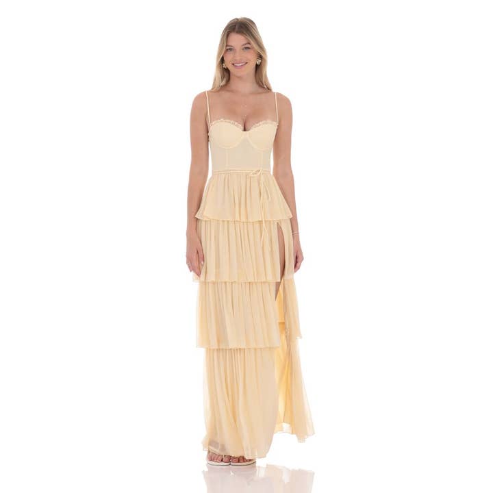 Lucy In The Sky - Wholesale Dress - Women's - Mesh Ruffle Maxi Dress in Yellow