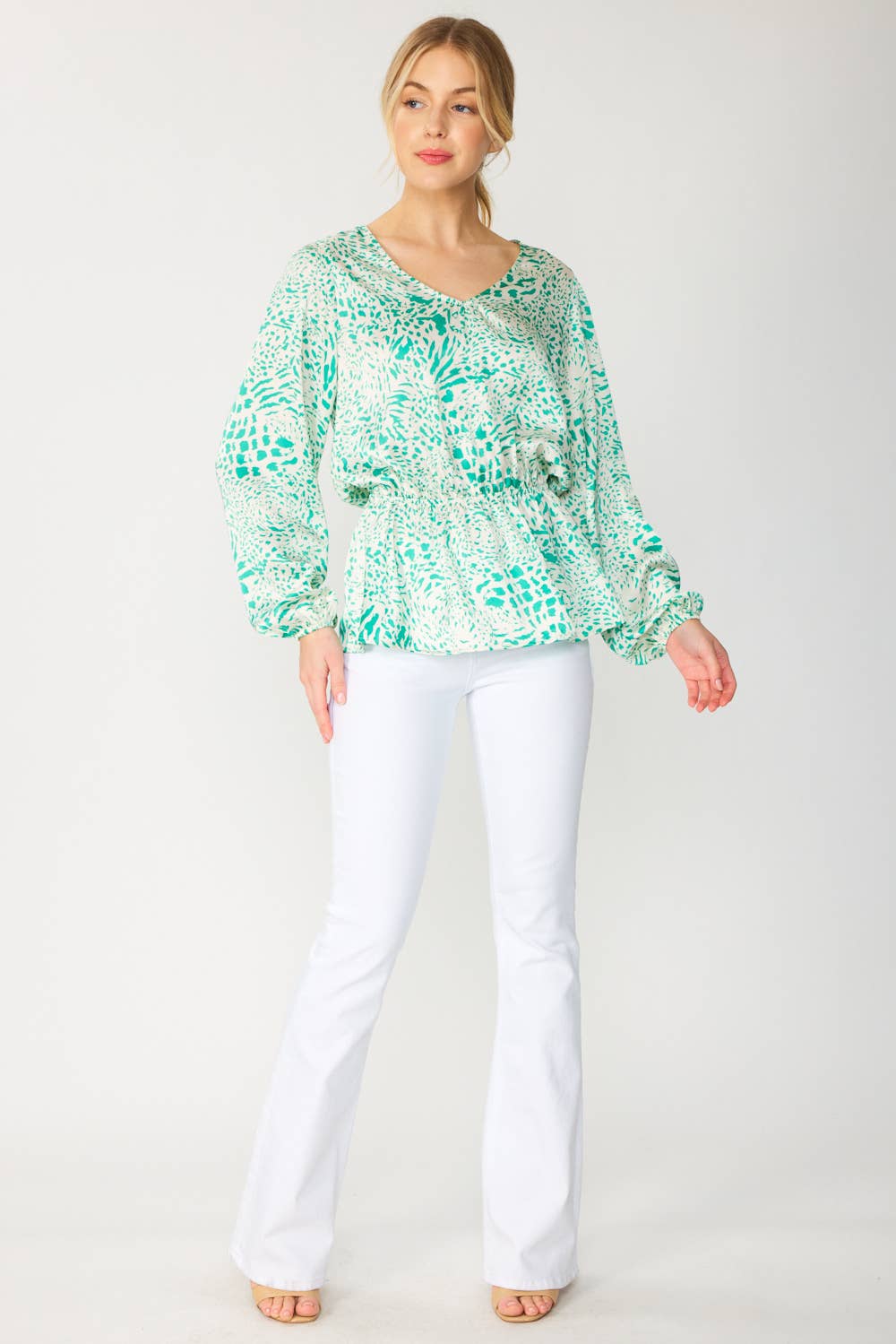 FSL Apparel – wholesale Blouse – Women’s – ST3755 - ANIMAL PRINT SATIN V NECK PEPLUM TOP5