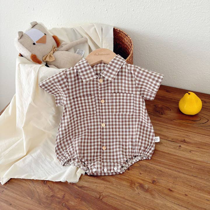 Coffee Summer Arrival Baby Boys Casual Plaid Turn-down Collar Short Sleeves Onesies for wholesale on Faire