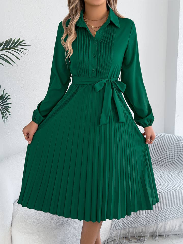 Robe élégante à manches longues avec col à revers et taille plissée BJS296 pour la vente par UNISHE