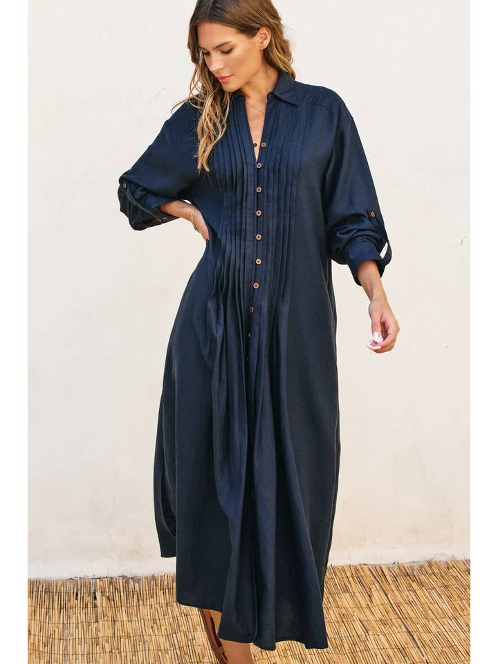 Dress Forum - Wholesale Dress - Women's - Cotton Linen Pleated Longline Shirt Dress (1)21