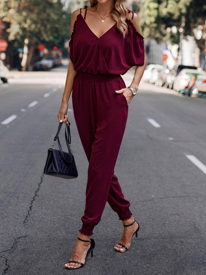 eLook - Vente Combinaison – femme - Combinaison smockée à épaules dénudées en faux cache-cœur SZ1-J9004